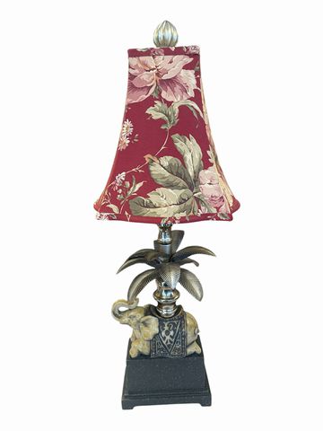 Elephant lamp w/ red floral shade, 29H