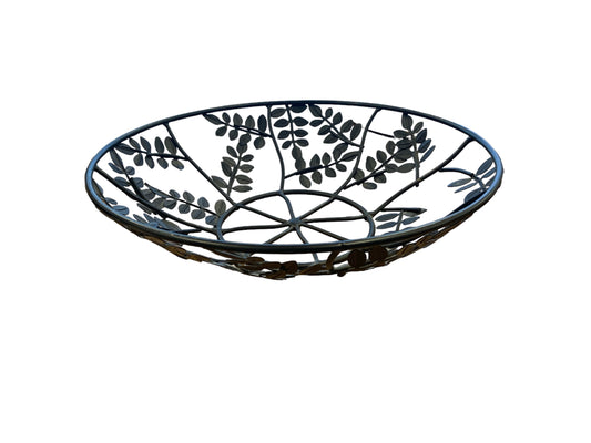 Black metal leaf-design fruit bowl, 12" diam., 3" h