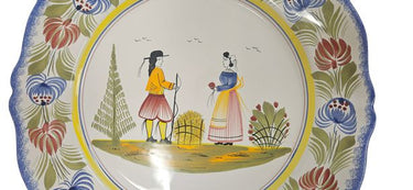 Large Deep Round Quimper HB Henriot Man and Woman Platter 13.5"dia