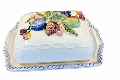 Embossed fruit-theme covered butter dish, 8x5.5x4"