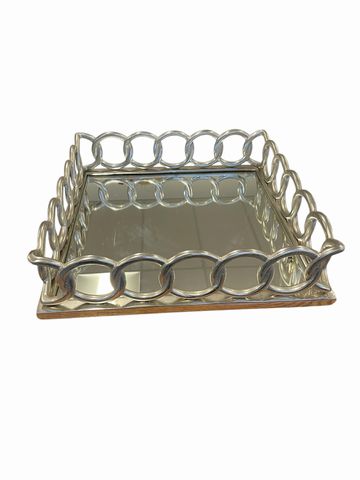 Silver-toned metal link mirrored tray,19x19x5H