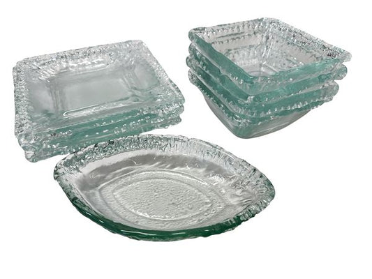 SET-4 Square Artisan Glass Plates and Bowls w/Server (Spain, 6.5/8.5")