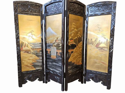 Black Asian Half Screen with Golden Ship Image36"h x 42"w