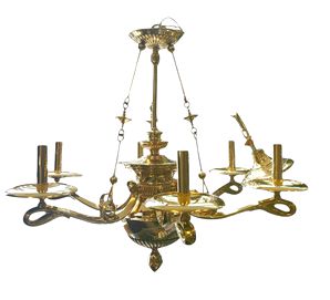 Polished, solid brass baroque revival 6-light chandelier, 22.5" h, 26" diam.