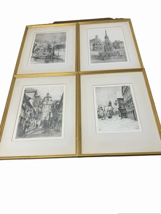 Set x4 Gold Frame Signed Etchings 17"x13"