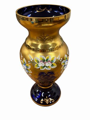 Vintage Bohemian high-enamel gold/blue glass vase, 12" h