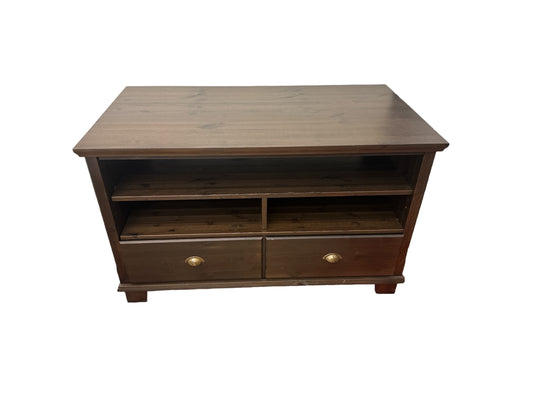 Dark pine media console w/ 2 drawers, 44.5x24.25x27"