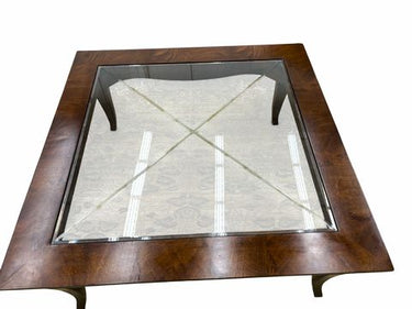X-bevel square glass-top coffee table w/ burl border, 19" h, 42" w, 42" d