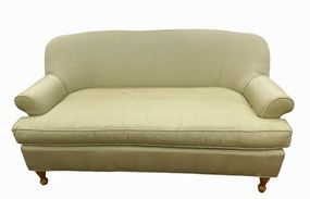Huntington House lt. green petite sofa w/3 throw pillows, 35H. 68W. 41D.