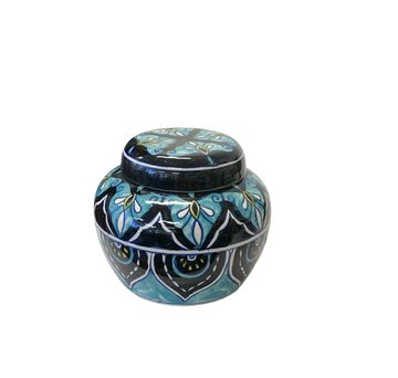 Indian Ceramic Lidded Blue/Turquoise Jar 6"Hx7"W