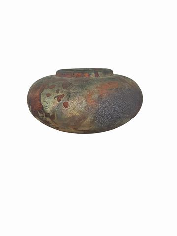 Raku pottery low vase, earthtones, 7Dx4"H