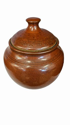 Hand Crafted Lidded Ceramic Jar Red Brown 6.5"H