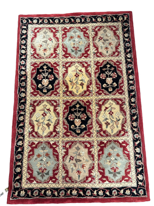 Red/black/multi wool windowpane rug, 4x6'