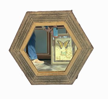 Hammered tin/wood hexagonal mirror, 24x24"