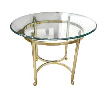 Brass side table w/ round oval glass top, 27" w x 23" d x 22" h