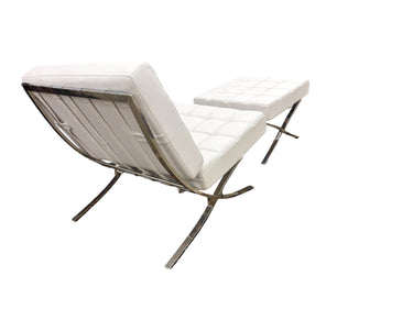 White faux leather tufted Barcelona chair w/ chrome frame & matching ottoman, 21