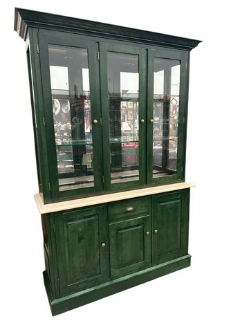 3-panel glass front maple china cabinet, AS-IS, green/natural,54x17.5x82