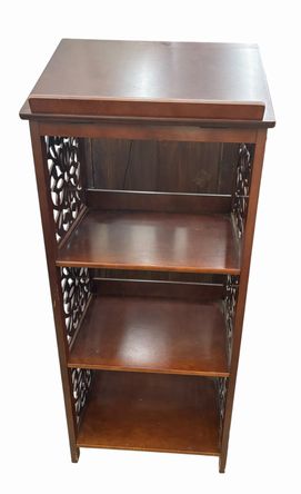 Mahogany library bookcase/bookstand w/ cutwork sides, 47.25" h (w/ raised bookst