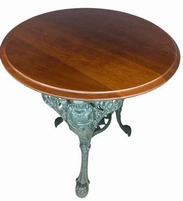 19th-century Brittannia walnut round pub table on ornate green cast iron base, 2