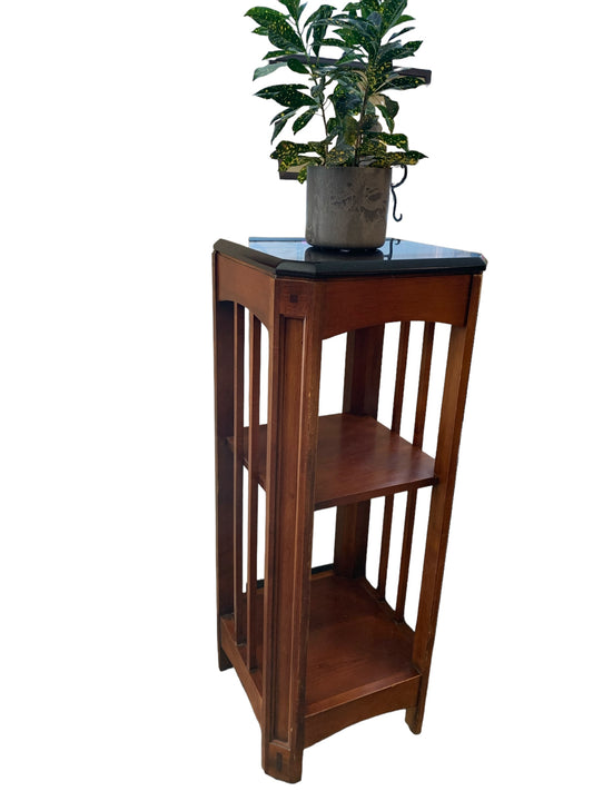 Dark oak Mission-style plant stand w/ blk marble top, 16x16x41.5"