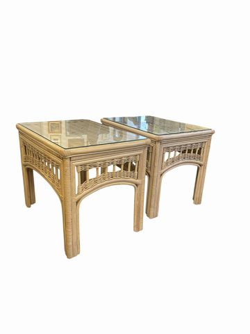 Pair of rattan side tables w/ glass tops, 28x20x22H