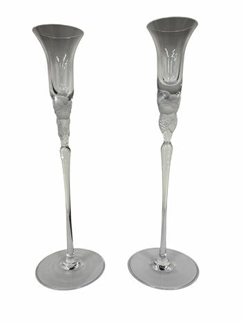 Tall crystal clear/frosted tulip-shape candleholders, 11.25" h