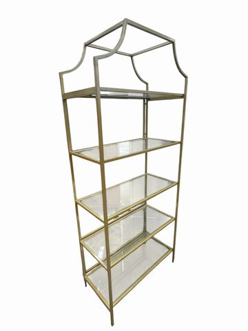 Pagoda-style golden metal & glass etagere, 71H. 30W. 15.25D.