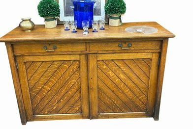 Vintage tiger oak cabinet w/ 2 drawers, 60x20x38"