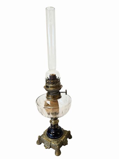 Antique French Brass and China Oil Lamp 21"h x 7" dia