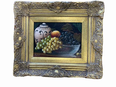 Fruit still life in ornate gold frame, oil on canvas, 13x15.5"