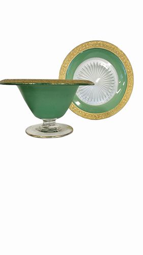 Green and Gold Footed Bowl w cut class sun base plate 8"