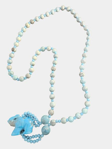 Vintage Turquoise 30" Necklace w Carved Elephant