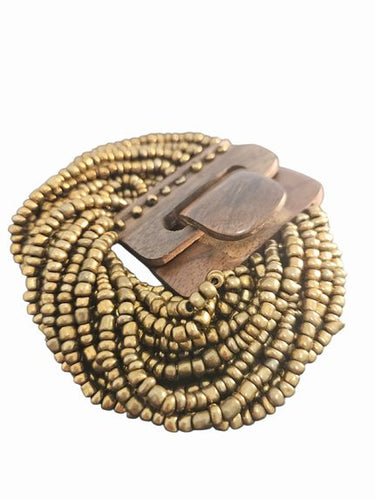 1990s Boho Brozetone Beaded Cuff Bracelet w Wood Clasp