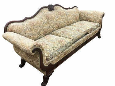 Vintage Duncan Phyfe-style mahogany sofa w/ ornate carved crest rail & floral ta
