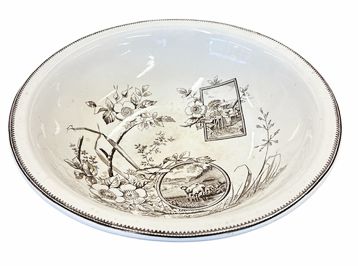 19th-century brown transferware bowl w/ Aesthetic Movement imagery, 15" diam., 5