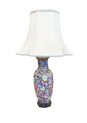 Floral Asian-style lamp w/ gold background, ivory shade, 29.5" h