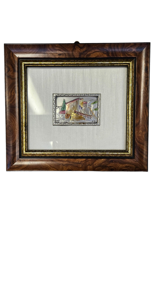 Small Framed Painted Silver Village Scene 6.5"x