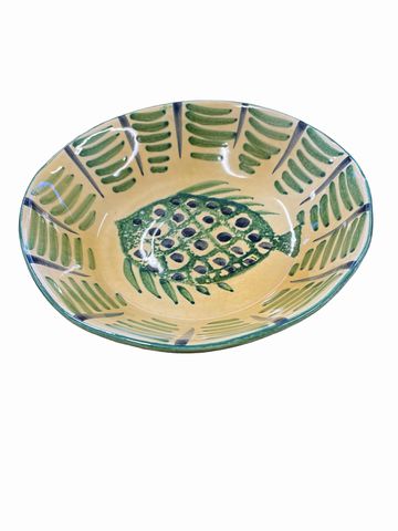 Handpainted yellow/green bowl w/ fish motif, Italy, 7.75Dx2"H