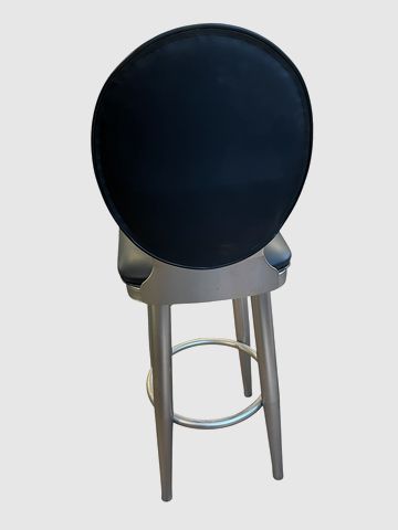 Pair of contemporary metal & vinyl upholstered swivel barstools, 45.5H. 17W. 21D