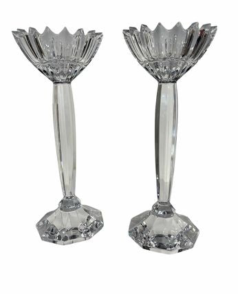 PAIR of crystal candleholders w/ serated cup tops, 9.25" h