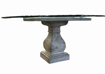 Round glass-top dining table on concrete base & square top, 66" diam., 32" h