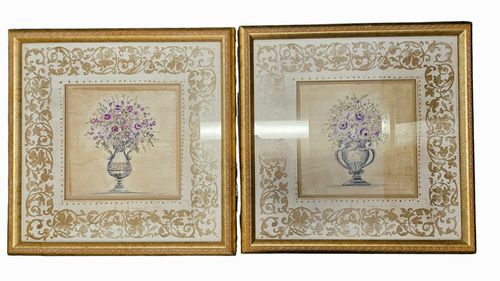 Pair in Gold Frame Prints w Amethyst Florals 20"sq.