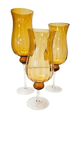 Set of 3 Amber Glass Hurricane Candleholders, 14,16, 18" tall