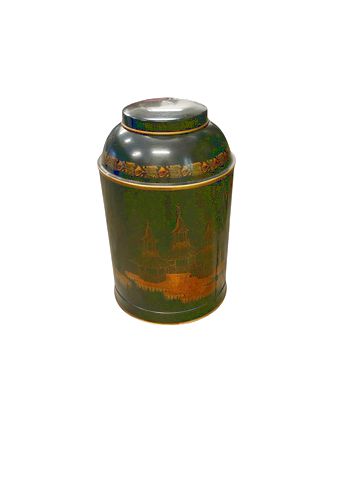 Vtg Black Meal ToleWare Tea Canister 15x9"