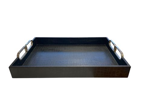 Faux leather alligator tray w/ metal handles, black, 24x17x3.75H