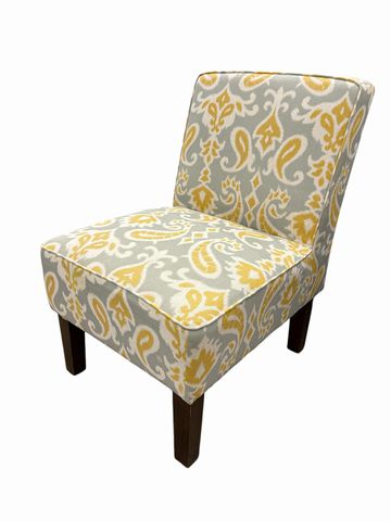 Gray/yellow Ikat print slipper chair, 22x20.5x33H