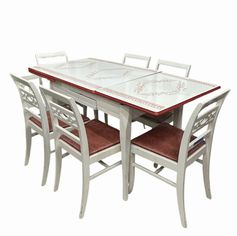 Vintage Enameled kitchenette table w/6 chairs, 31H. 42-84W. 32D