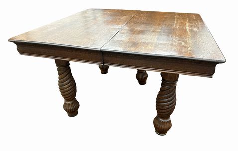 Vintage dark tiger oak table w/ 5 spiral legs & 4 12" leaves, 48x96" (w/ leaves