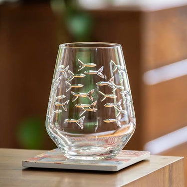 Set of 6 Kimball Shop Rolf School of Fish clear stemless wine glasses, 4.75" h