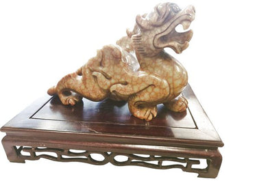 Pair Chinese "Bixie" Carved Stone Dragons on Wood Bases 9.5"h x 13"l